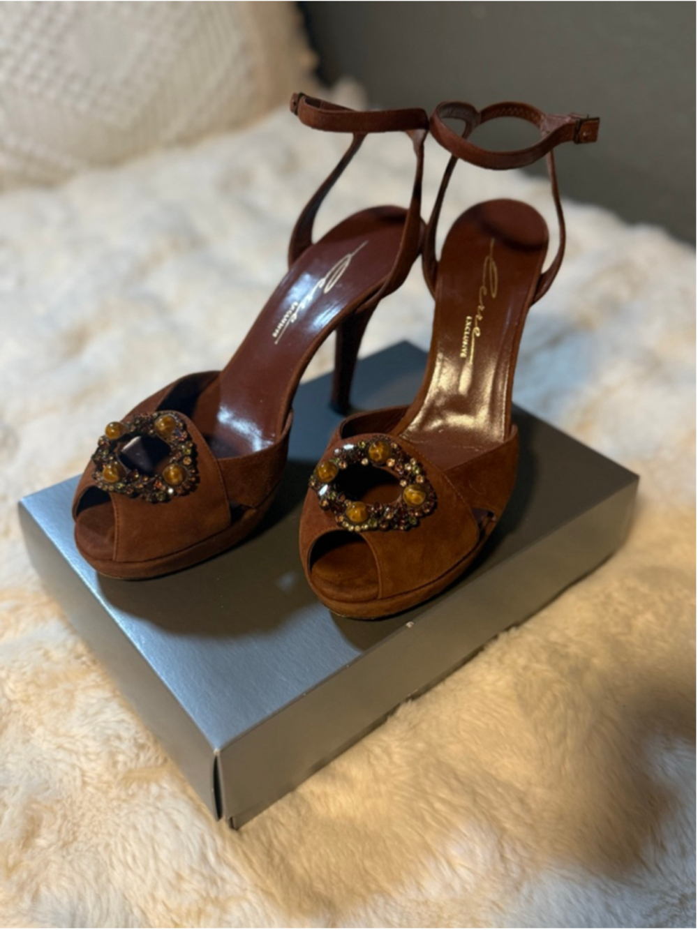 Preowned , Lerre Exclusive brown suede peep-toe sandals with jeweled buckle.